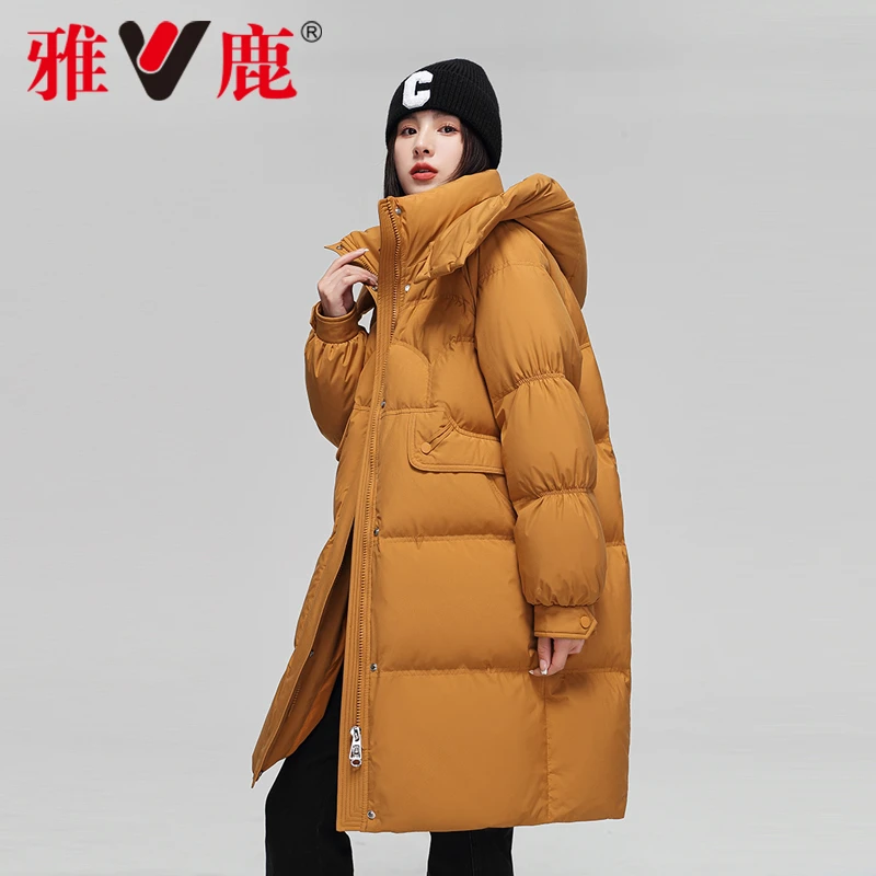 雅鹿2022年爆款中长款羽绒服女冬季可脱卸帽时尚韩版白色鸭绒外套