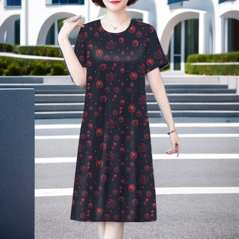 夏季新款中老年人裙子短袖洋气中长裙印花遮肚中长款连衣裙妈妈装