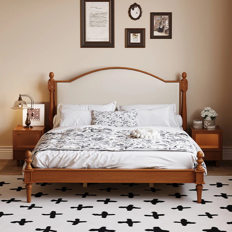 现代法式复古实木床家用主卧1.85米真皮大床时尚中古风双人床婚床