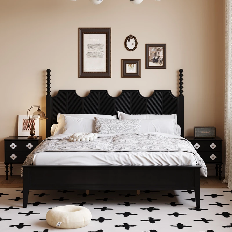 现代法式复古实木双人床1.51.8米主卧室美式中古风简约黑色艾米床