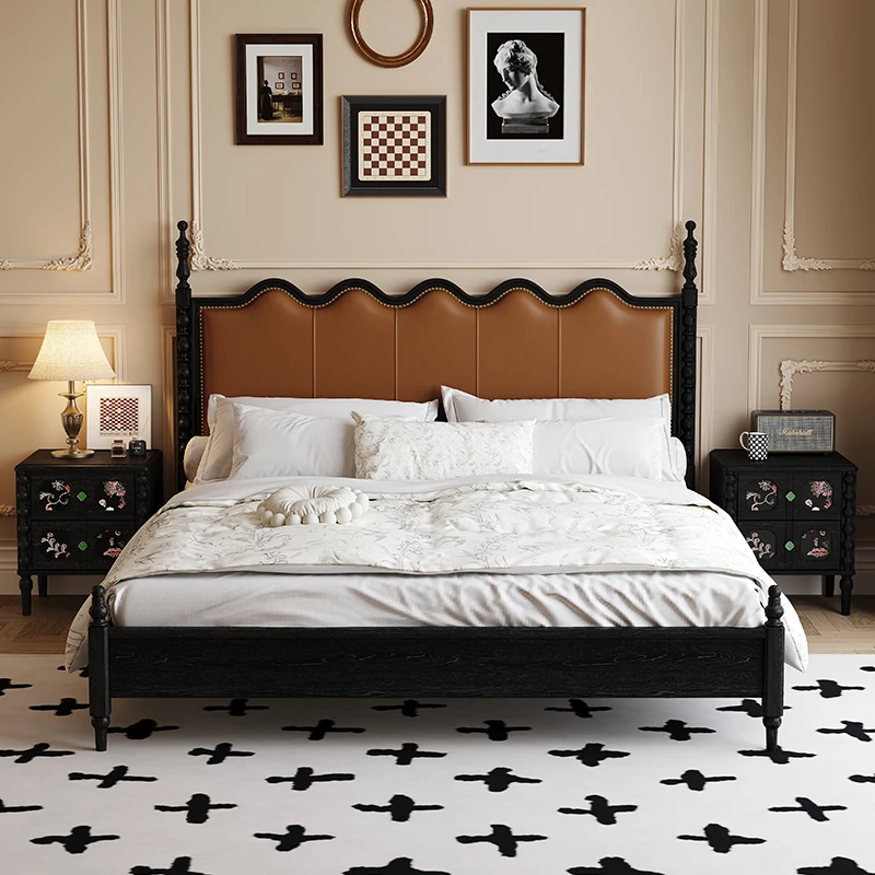 LDAD 法式复古双人实木真皮软包床主卧大床美式真皮1.8米双人大床