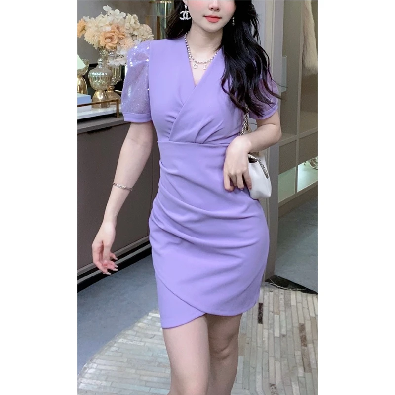 【清】新款亮片V领连衣裙轻奢百搭亮片设计短裙S-XL