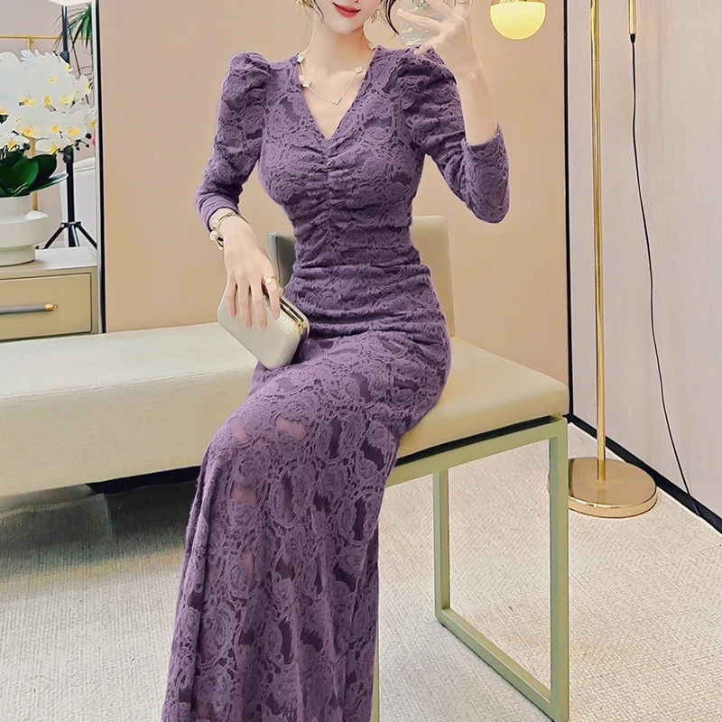 收腰显瘦包臀鱼尾裙轻奢气质秋冬蕾丝连衣裙开叉连衣裙长袖复古