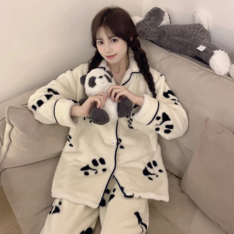 【送眼罩】珊瑚绒软萌可爱小熊睡衣女秋冬季加厚长袖长裤家居服套装