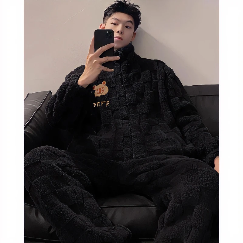 法兰绒加绒帅气高领家居服男秋冬男士睡衣保暖冬天宽松大码套装