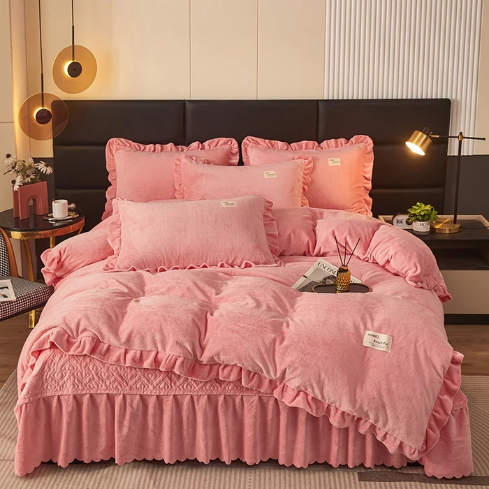 （夹棉床盖款）2023新款牛奶绒床盖四件套纯色花边超厚绒被套床品MZ