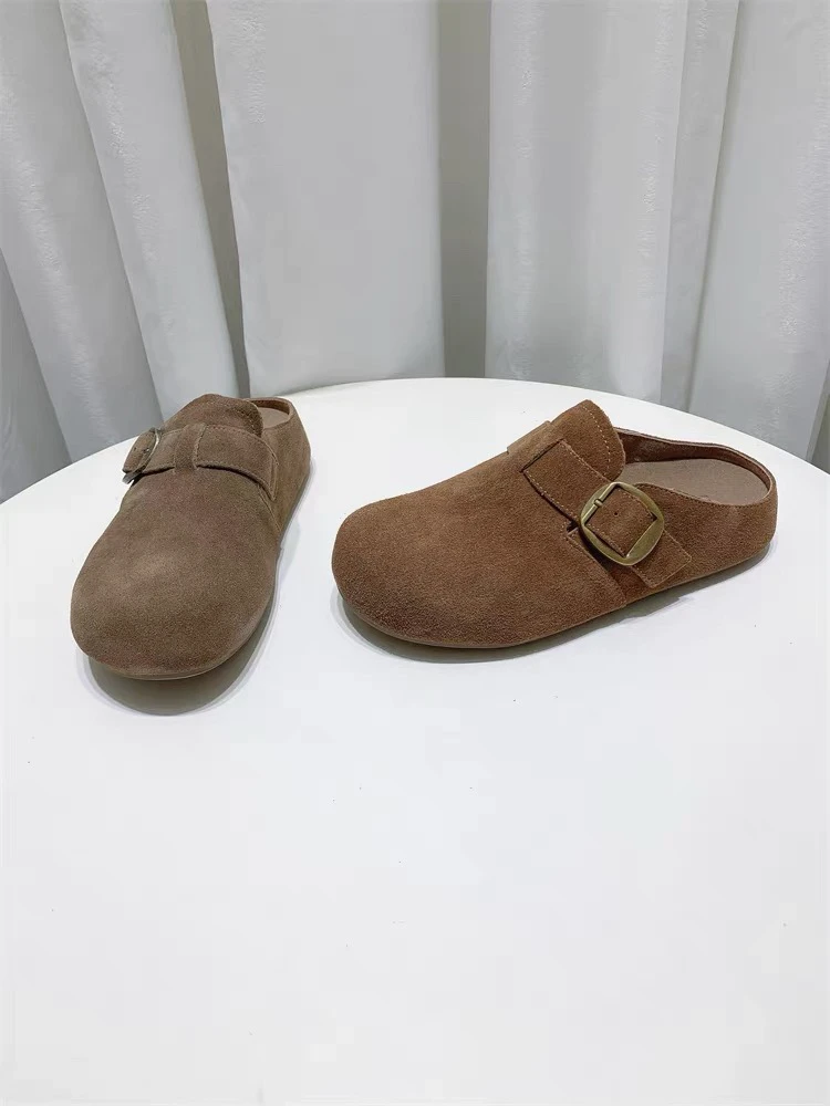 真皮外穿包头拖2024新款圆头厚底休闲加绒半拖80-1152