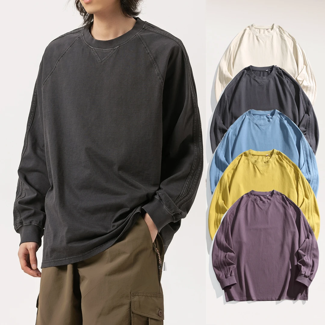 260g纯棉百搭打底长袖T恤 个性织带装饰 亲肤舒适宽松休闲圆领t恤