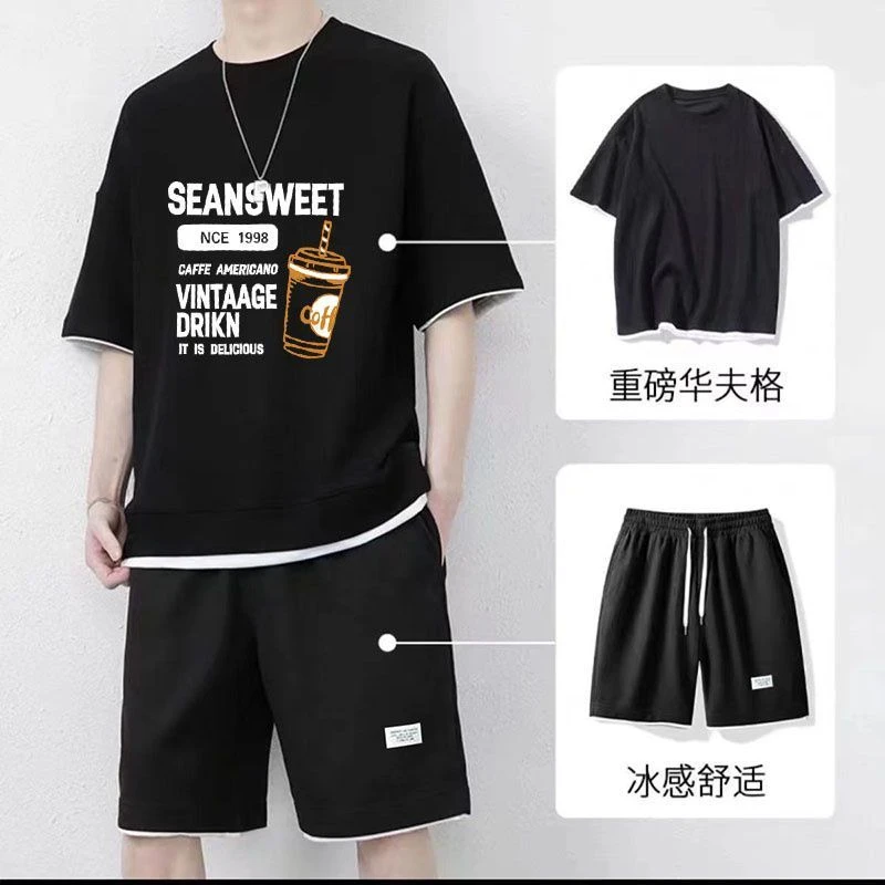 华夫格运动短袖套装男士夏季新款ins潮学生帅气休闲运动服两件套