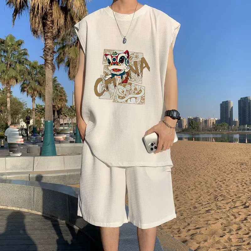 华夫格夏季新款宽松男套装背心t恤短裤时尚休闲运动服五分裤潮流