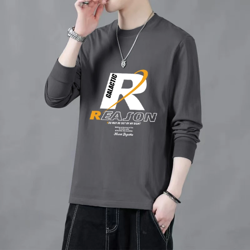 100%纯棉秋季休闲男士长袖T恤上衣新款青少年圆领宽松打底衫男装