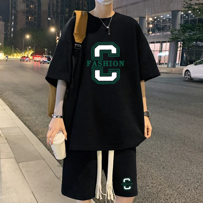 简约运动套装男士夏季帅气印花宽松短袖冰丝短裤薄款冰感两件套装