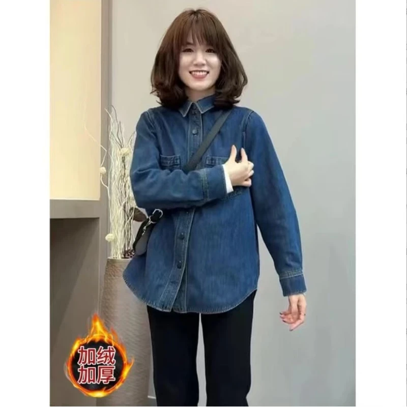 加绒牛仔衬衫女长袖加厚2024秋冬新款韩版小个子百搭叠穿上衣小众