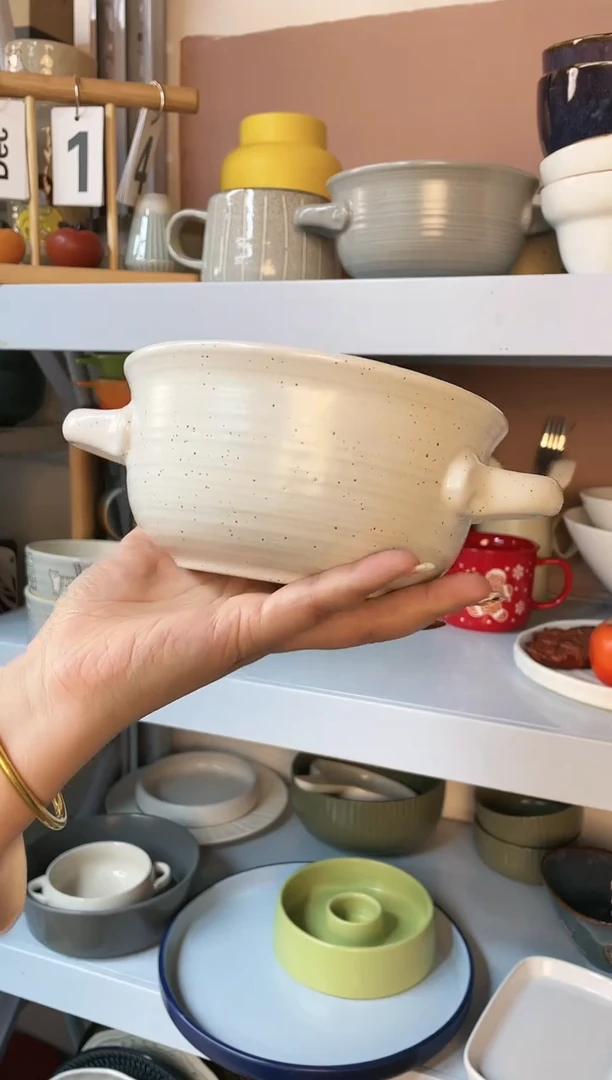 【闪购商品】瓷盘白色芝麻釉双耳碗1个微瑕