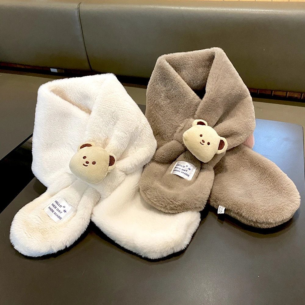 儿童围巾秋冬季交叉软糯可爱小熊围脖男女童宝宝冬天加厚保暖脖套