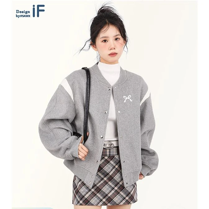 灰色蝴蝶结棒球服短款外套女春秋款2024新款宽松夹克开衫上衣秋冬