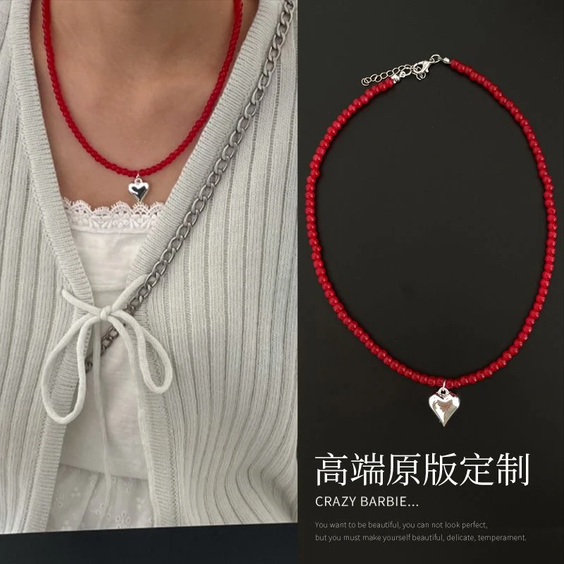 铜合金仿珍珠项链 银爱心红串珠项链韩系ins锁骨链高级感轻奢小众