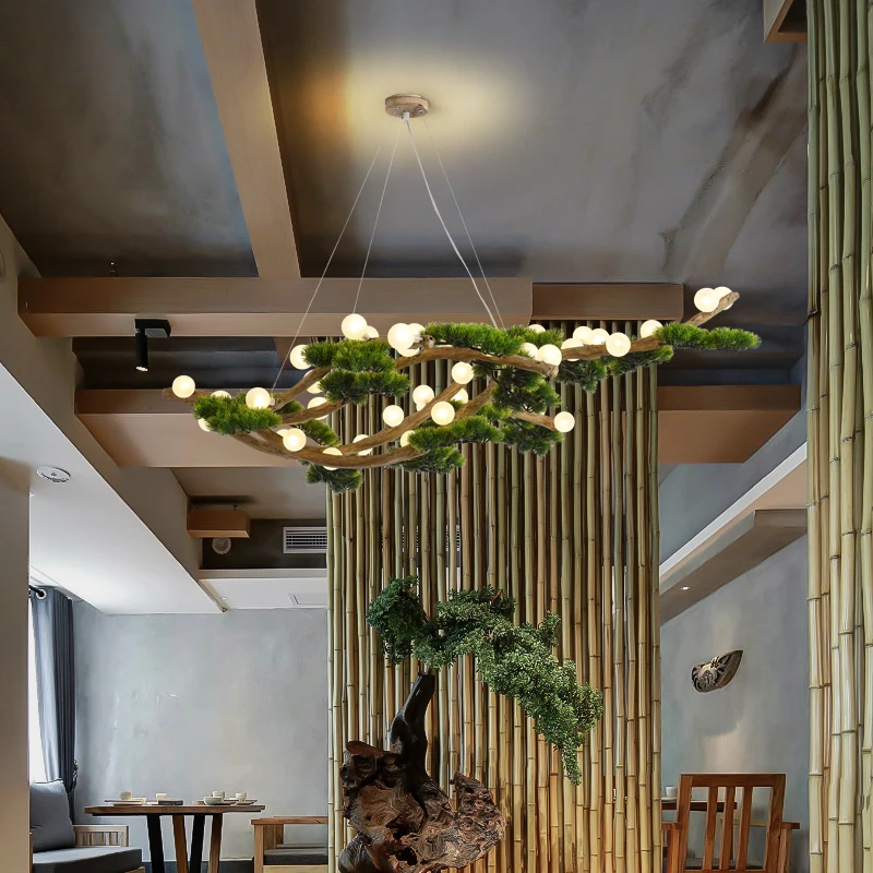 茶室吊灯日式禅意艺术树枝灯迎客松装饰大堂餐厅酒店工程分子灯具