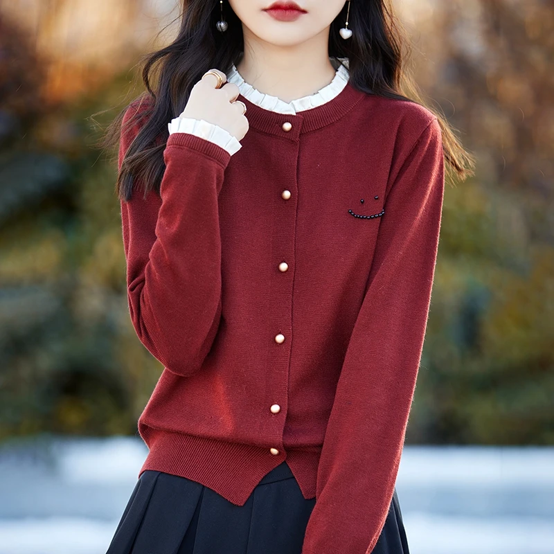新款精纺羊毛开衫女木耳边领笑脸小个子宽松针织开衫气质外套