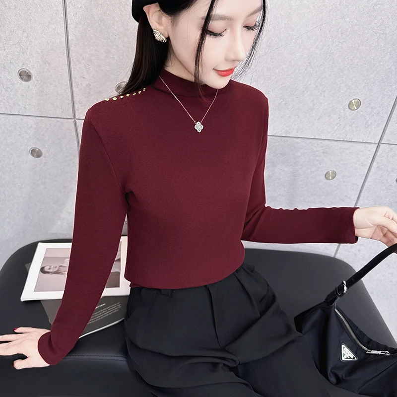 T恤女春秋长袖上衣白色内搭外穿打底衫女春秋洋气半高领修身体恤t