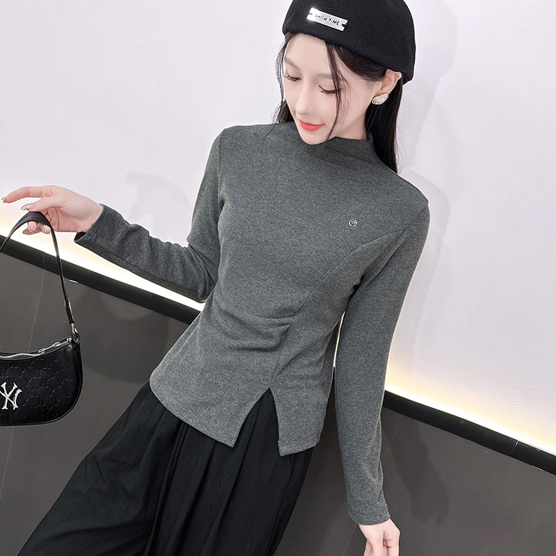 半高领长袖上衣百搭洋气短款打底衫秋冬上新小众设计感收腰修身衣