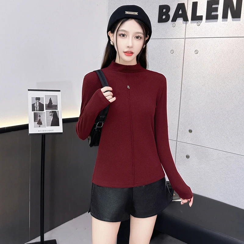 半高领长袖T恤女2024新款秋冬季修身显瘦打底衫内搭上衣