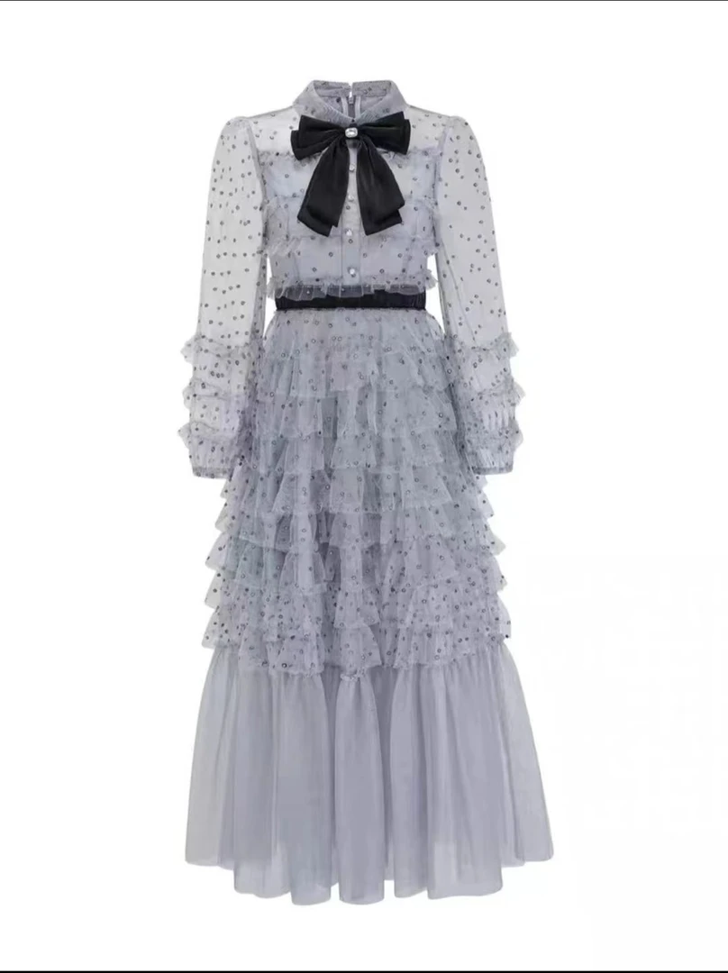 891~专柜精品圆领大蝴蝶结网纱波点小香风气质蛋糕裙鱼尾短袖裙