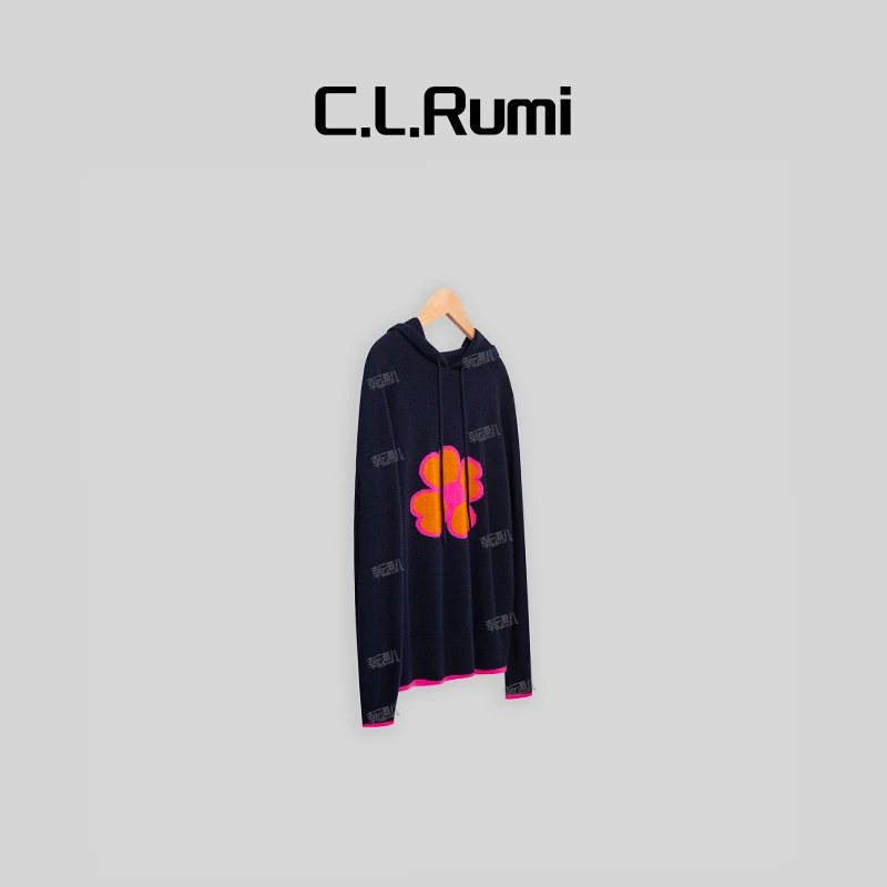 【Rumi时装】“山茶花”百搭宽松刺绣长袖 针织连帽上衣6202my