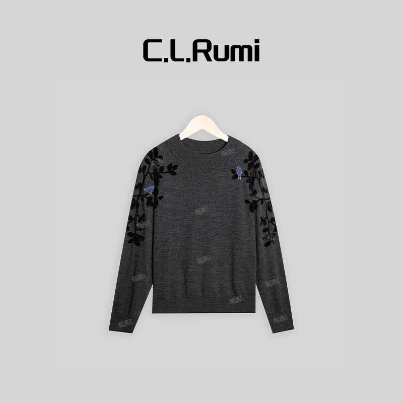 【Rumi女装】“杜鹃”轻奢百搭宽松圆领刺绣 提花羊毛上衣6227my