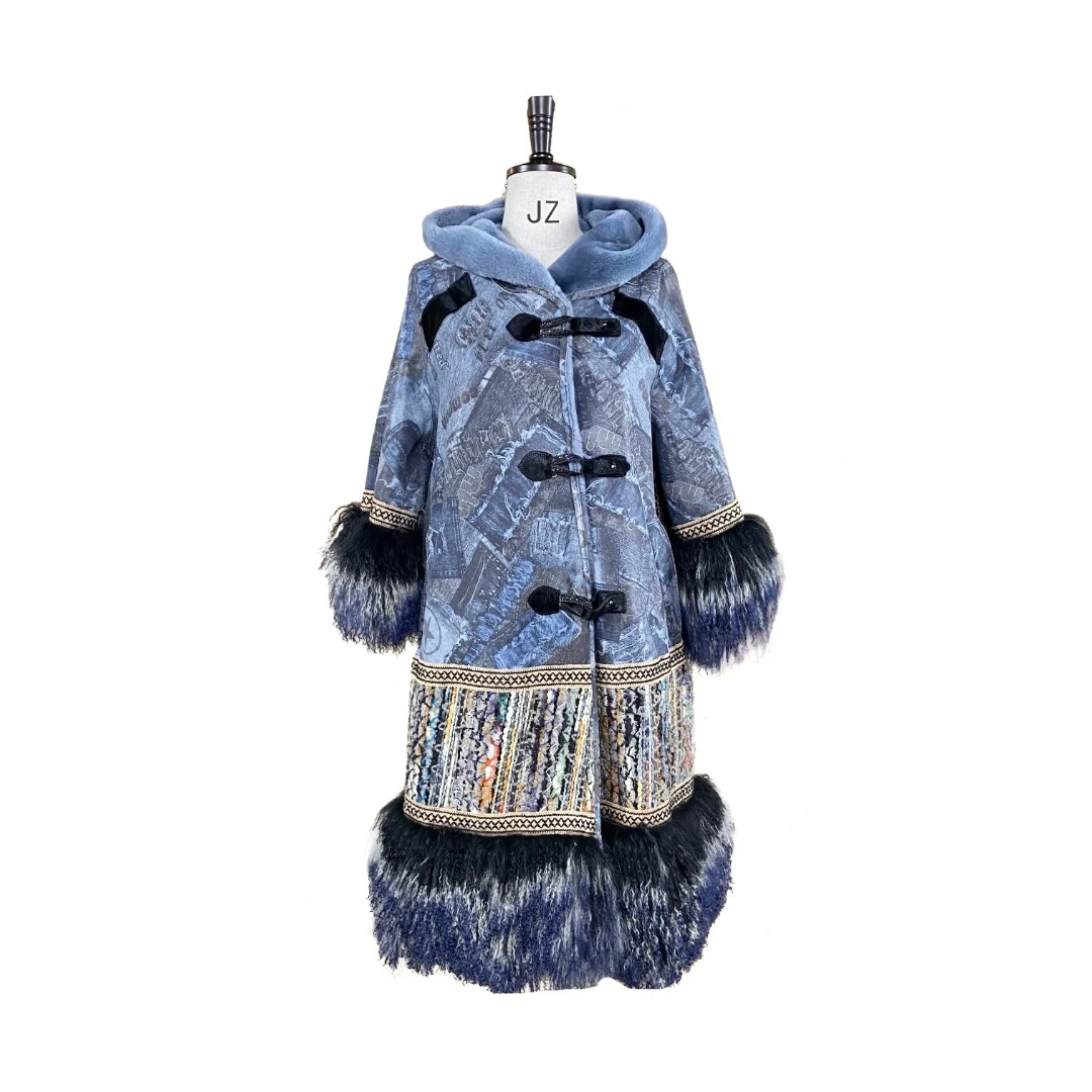 YJ【邢邢推荐】皮毛一体女外套19803-2时尚冬季长款大衣秋冬拼接