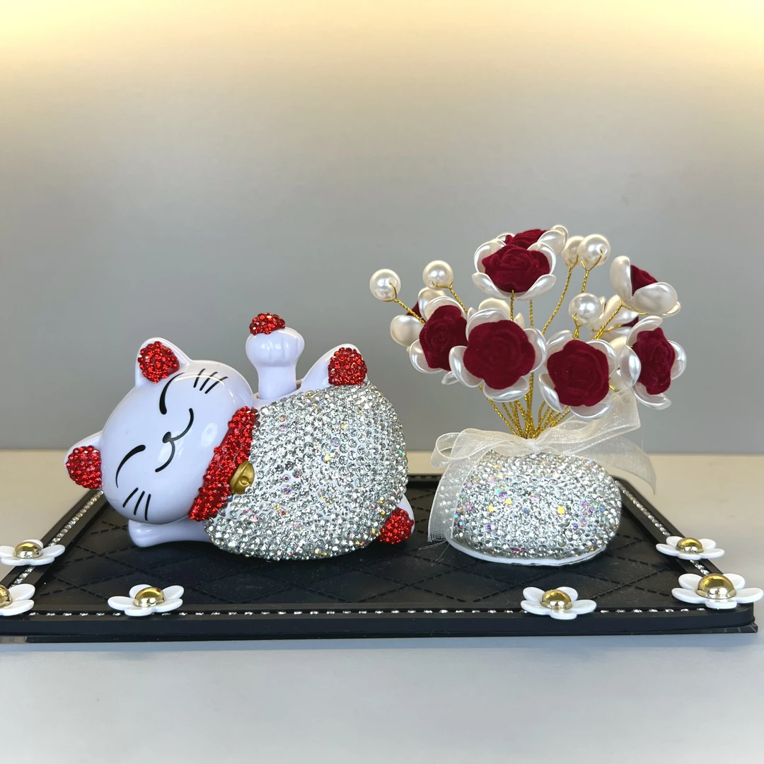 【招米猫】镶钻招米猫招手寓意玫瑰满钻款防滑垫汽车摆件套装