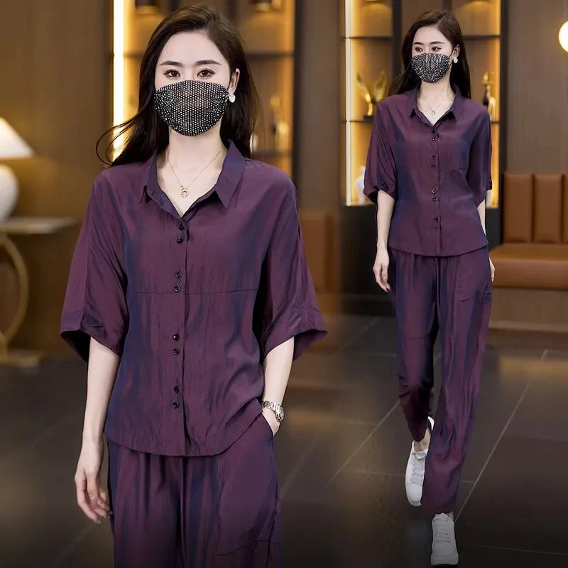 2025夏装宽松显瘦新款时尚通勤纯色气质简约短袖上衣哈伦裤两件套