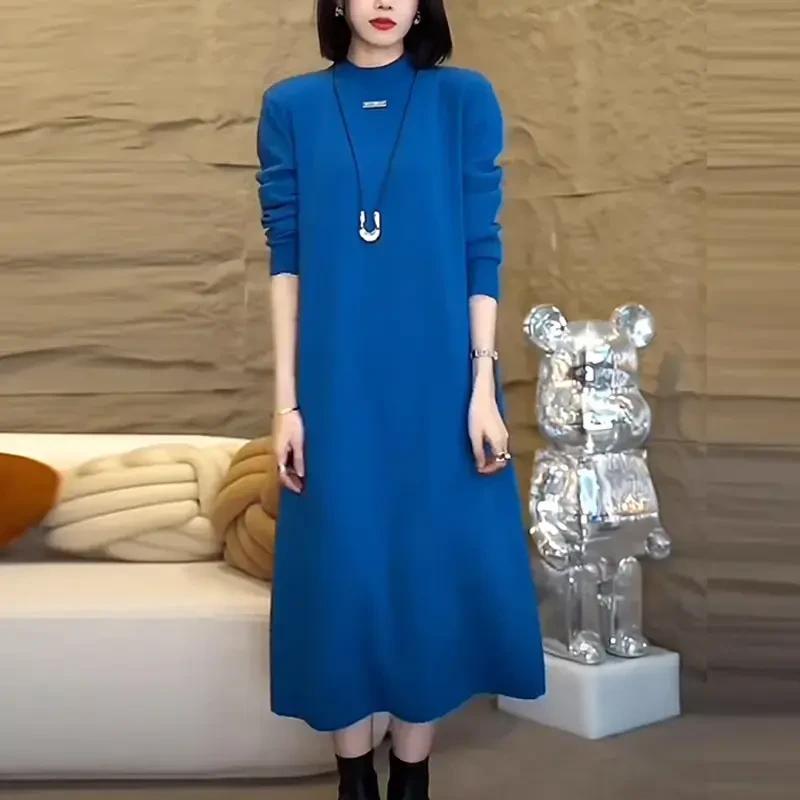 针织连衣裙女轻奢高级时尚休闲洋气打底裙蓝色秋冬新款加厚半高领