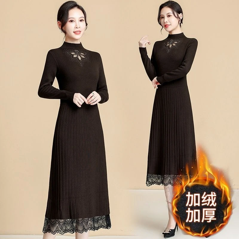 加厚一体绒针织连衣裙冬季中长款高档加绒保暖过膝打底蕾丝连衣裙
