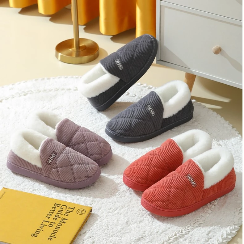 瑞恪灯芯绒棉鞋女居家保暖防滑包跟厚底情侣秋冬加绒棉软底棉拖鞋
