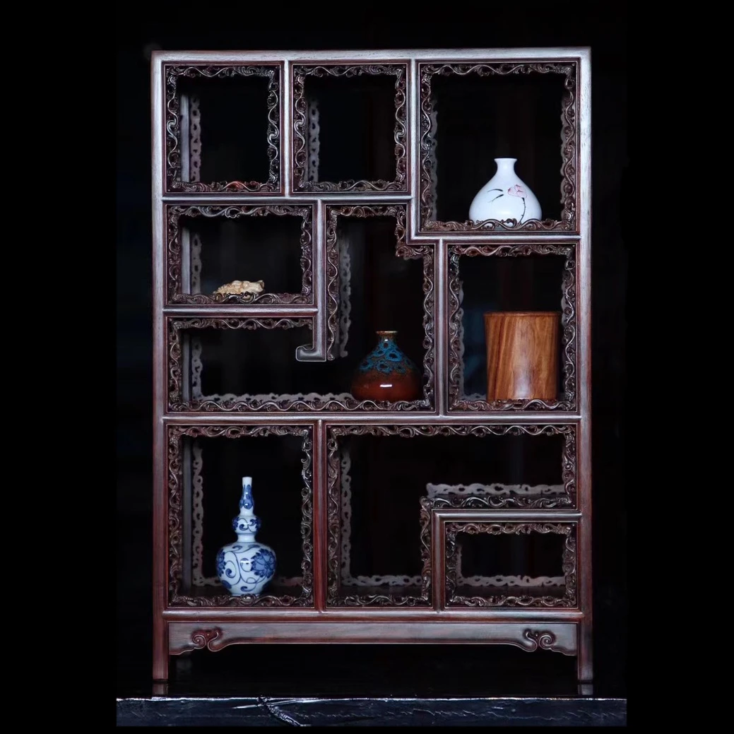 大红酸枝满雕纹文玩博古架置物架架子42-20-60cm