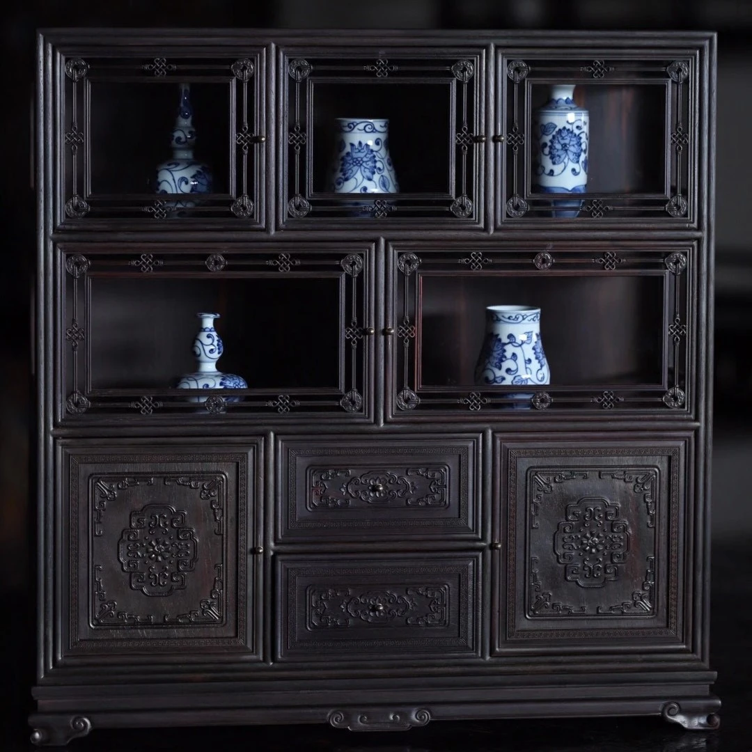 故宫旧藏复刻 |大红酸枝卷云纹多宝阁玻璃柜56-19-57