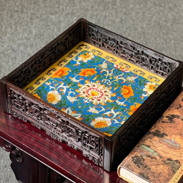 【隆通红木】老挝大红酸枝景泰蓝文盘红木都承盘桌面文玩收纳托盘