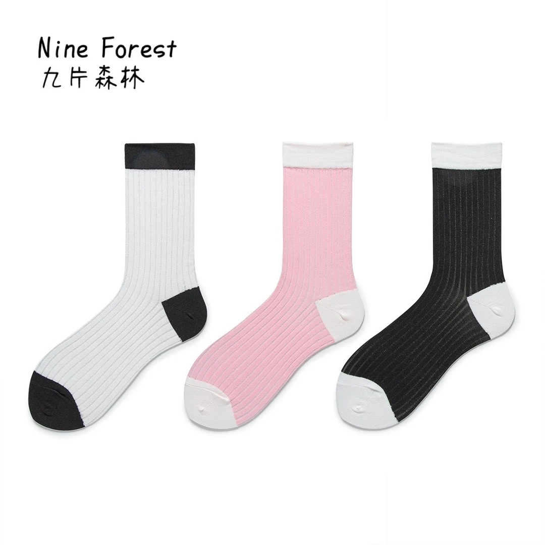 九片森林 拼色清新袜子女中筒袜夏季薄款彩色日系堆堆袜玻璃丝袜