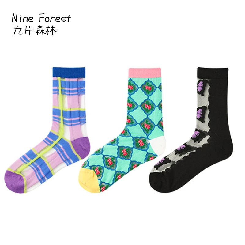 九片森林 文艺复兴原创女袜夏季薄款条纹菱格卡丝袜玻璃袜女