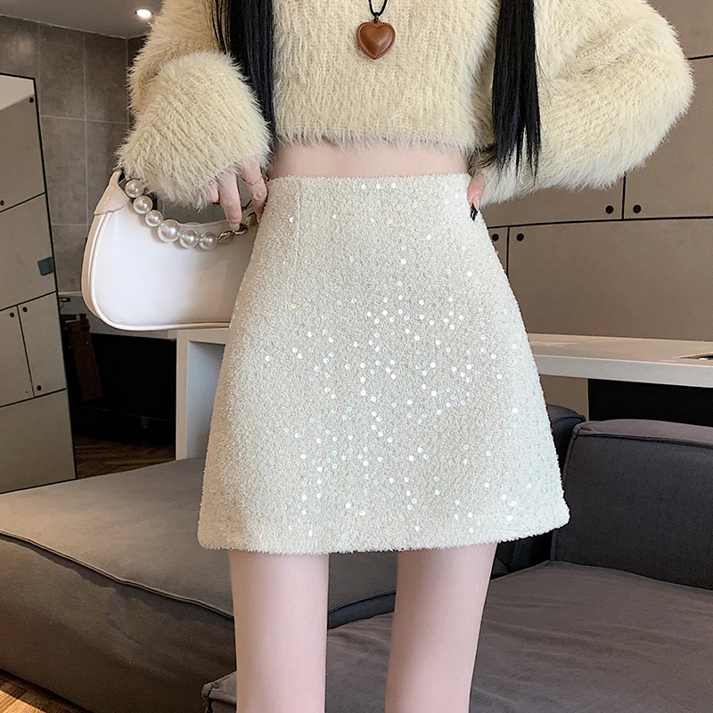 亮片半身裙女短裙秋冬新款2024显瘦气质白色高腰时尚百搭包臀A字