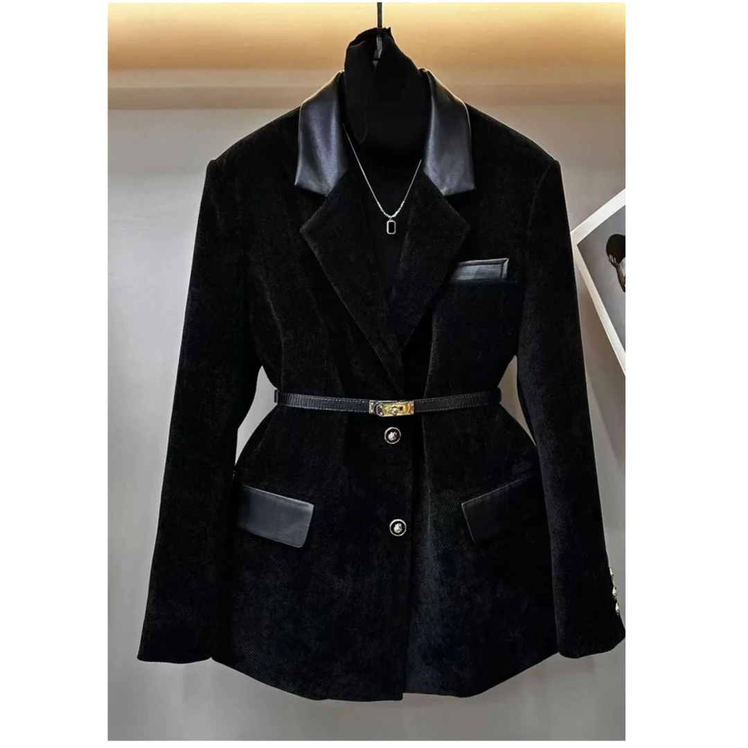 新款外套女晒山海绒拼接皮设计时尚2024新款加毛加厚款休闲西服