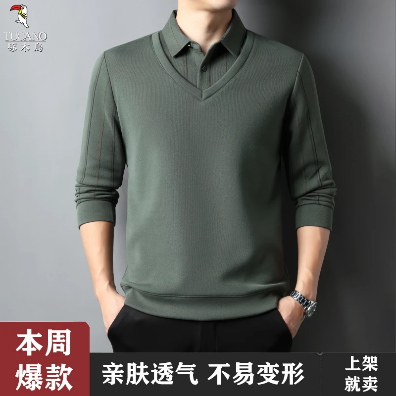 啄木鸟新品时尚百搭纯色休闲百搭简约男士长袖保暖POLO衫