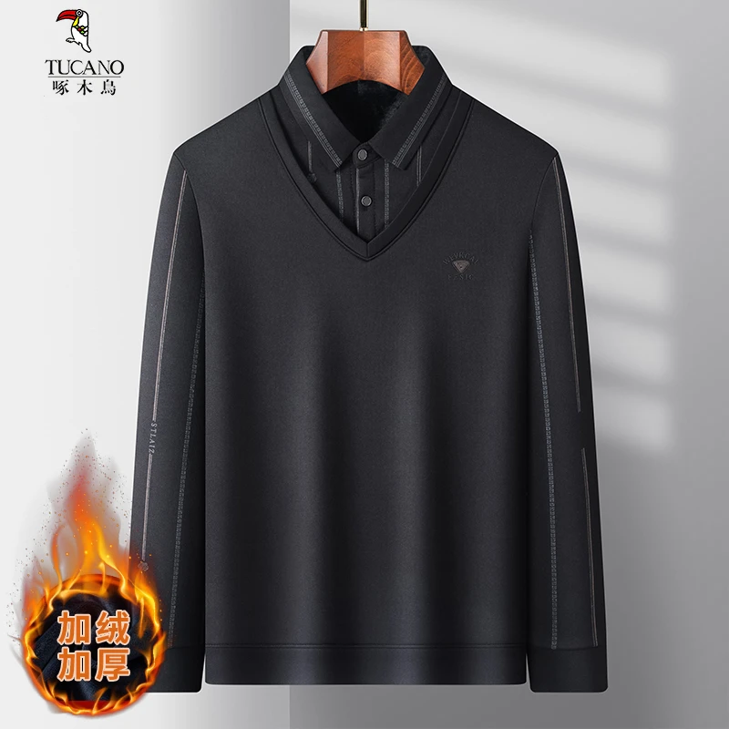 男士商务休闲气质加绒保暖针织衫假两件秋冬经典款