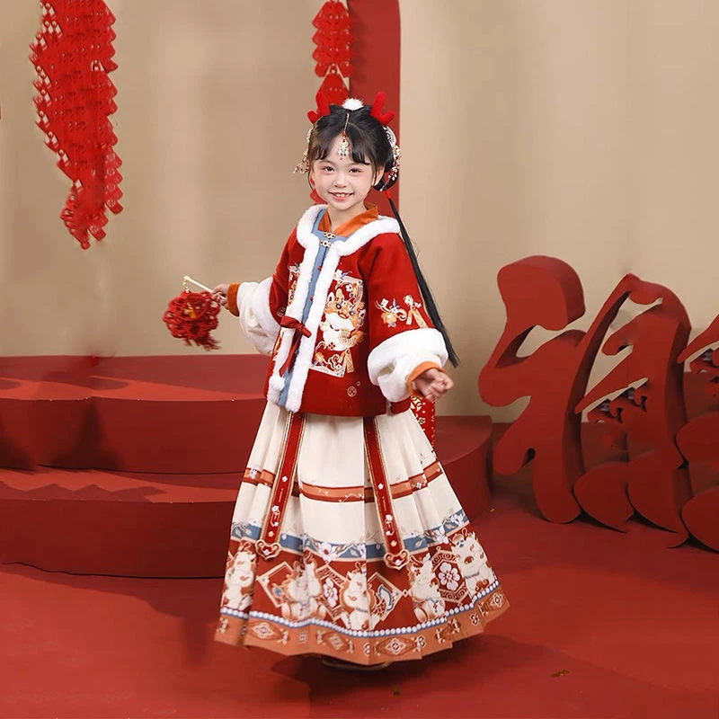女童拜年服套装冬款加厚儿童马面裙古装汉服唐装女童汉服秋冬款