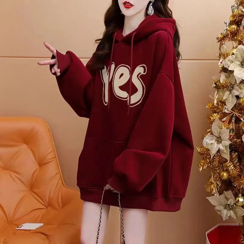 加绒加厚纯棉连帽卫衣女中长款2025新款秋冬季洋气宽松设计感外套