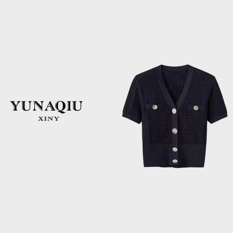 显瘦小香时尚百搭女士镂空经典金扣高级感夏季冰丝短袖-5888