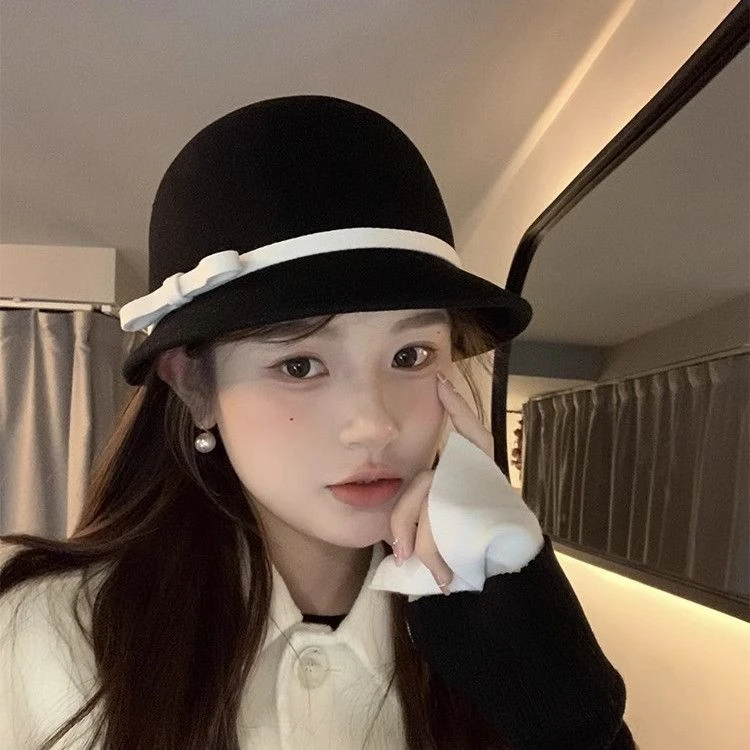 赫本风羊毛呢渔夫帽女秋冬法式复古小香风名媛礼帽百搭蝴蝶结盆帽
