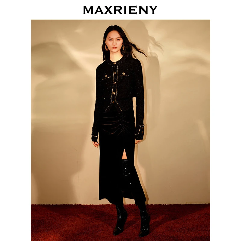 MAXRIENY精致复古感开叉丝绒半裙鱼尾抽褶包臀裙子