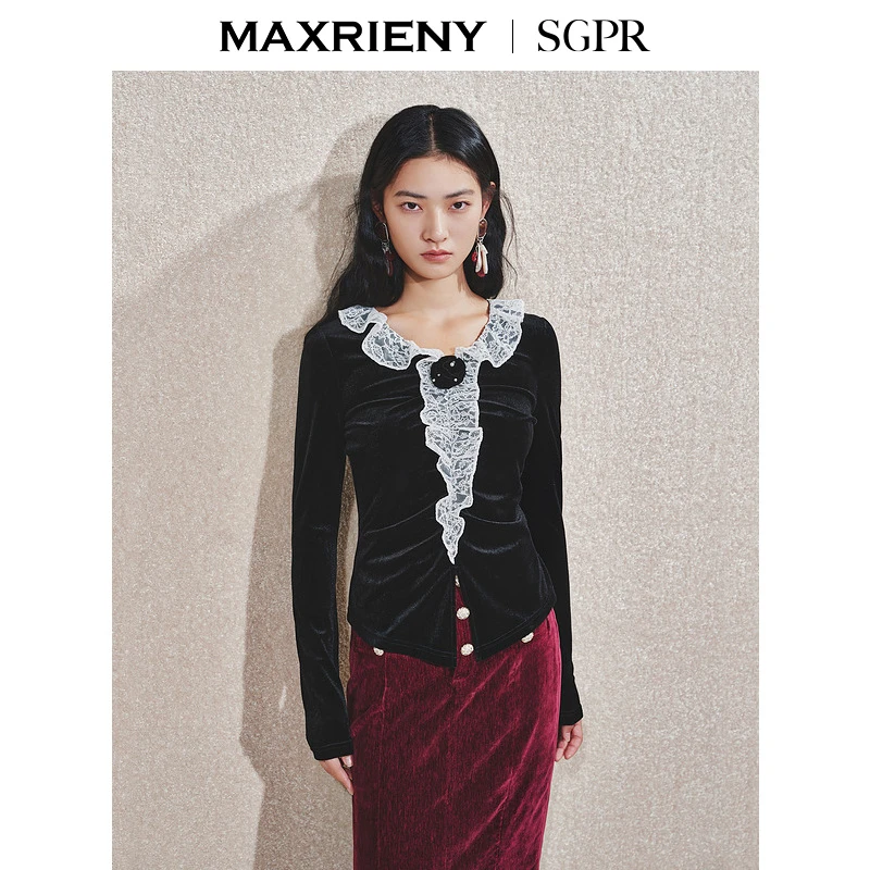 MAXRIENY法式复古赫本风丝绒套头上衣修身显瘦24冬款